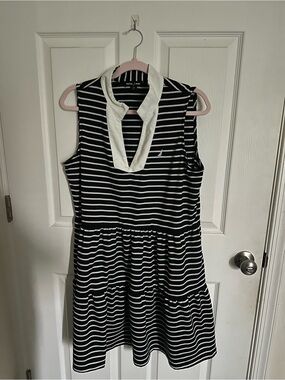 Nautica Black and White Striped Sleeveless V-Collar Dress